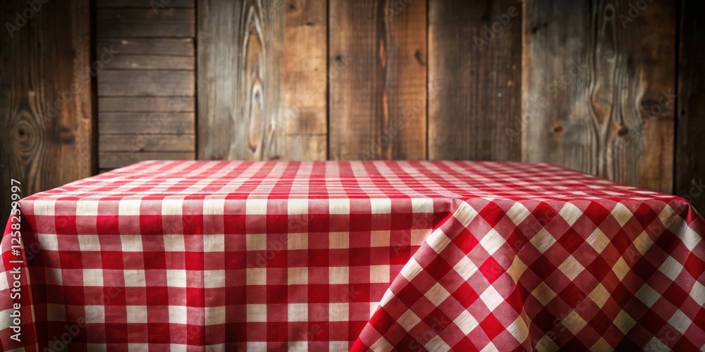 Poster A checkered tablecloth draped over a rustic wooden table, creating a welcoming and inviting atmosphere for dining or gatherings.