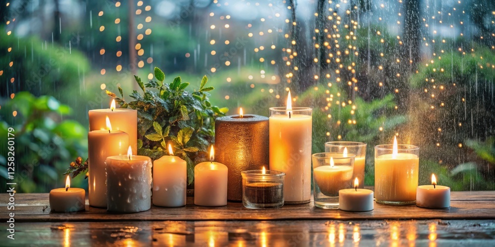 Poster warm candlelight shimmers through raindrops on a windowpane, creating a cozy and enchanting atmosphe