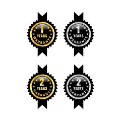 1 year warranty labels. One Year warranty label in golden color. Warranty card stamp or banner for service provider. Stars and One year label, tag, stamp. One year warranty card. Three options tags.