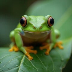 Fototapeta premium Vibrant green tree frog perched on a leaf with a soft background perfect for nature and wildlife themed designs
