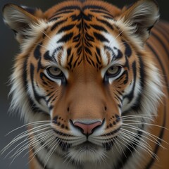 Fototapeta premium Close-up of a majestic tiger's face showcasing its striking features ideal for powerful and intense themed designs