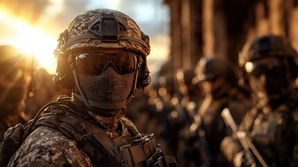 A group of armed soldiers in tactical gear stands ready during a dramatic sunset, highlighting their focus and readiness for action in a challenging environment.