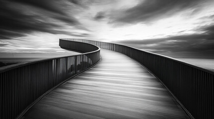 Fototapeta premium Curved wooden walkway with dramatic sky views at coastal location
