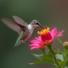 Fototapeta premium Hummingbird feeding on a pink flower capturing the essence of nature's harmony ideal for delicate and vibrant themed designs