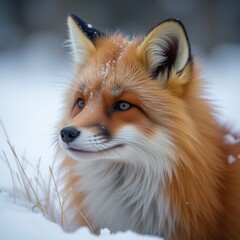 Fototapeta premium Red fox in the snow with a serene expression perfect for winter and wildlife themed designs