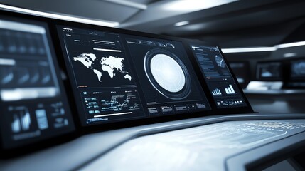 Obraz premium Hightech futuristic AI workstation, seamless humanAI interaction, 3D illustration