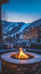A warm fire pit on a snowy balcony overlooking a ski resort and mountains, capturing winter relaxation and luxury.