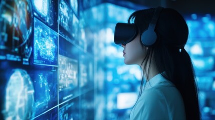 Woman using VR headset, data visualization wall, futuristic office, tech innovation