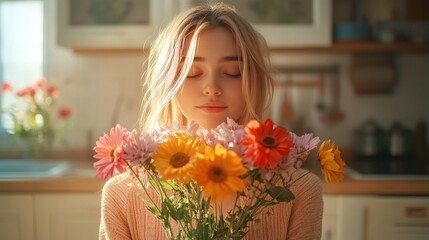 Woman in kitchen holding colorful bouquet of fresh flowers with natural light background