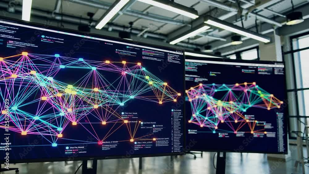 Poster setting up a high-tech workspace with data visualization and team collaboration in a modern office