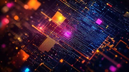 Abstract digital code flowing, glowing lights, network background, tech presentation