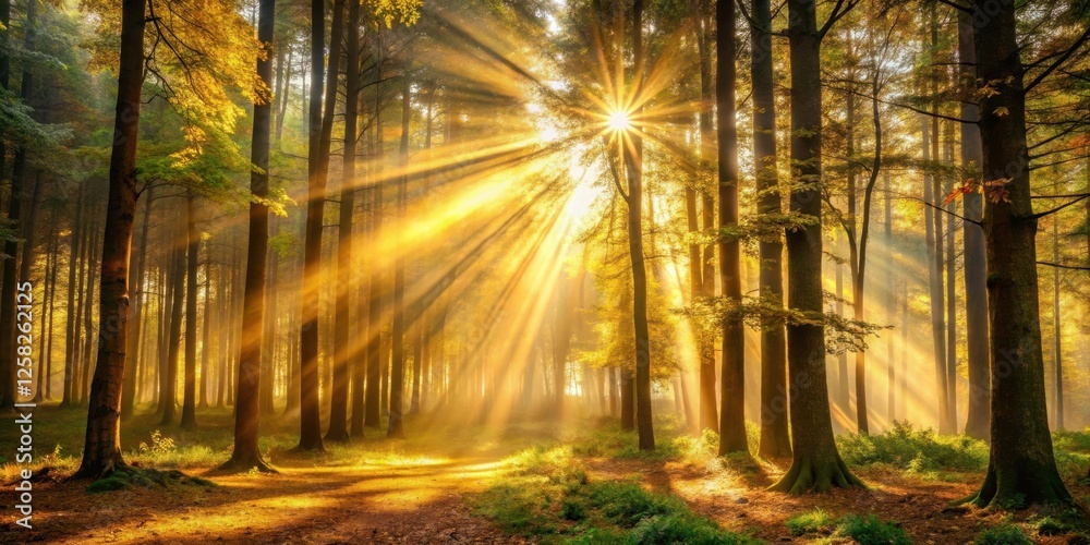 Poster golden rays of sunlight pierce through a misty woodland, illuminating a path through towering trees