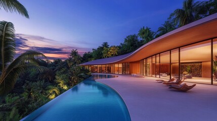 Obraz premium Modern villa with a curved roof overlooking a serene pool at sunset surrounded by lush greenery