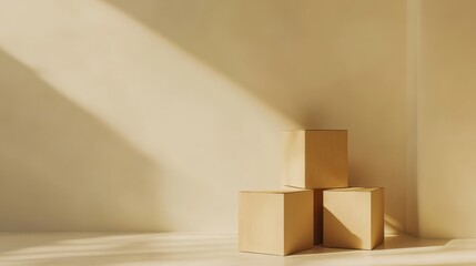 Minimalist Workspace Featuring Three Stacked Cardboard Boxes on a Light Beige Background with Soft Shadows and a Calm Atmosphere