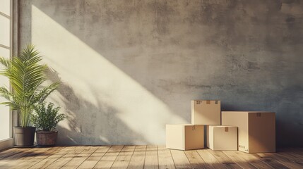 Simple Arrangement of Moving Boxes Placed on Wooden Floor with Natural Light and Green Plant in Modern Minimalist Setting