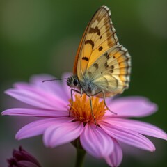 Fototapeta premium Delicate orange and white butterfly perched gracefully on a vibrant pink flower in a serene natural setting perfect for themes of beauty and tranquility