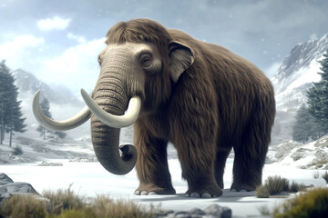 Obraz premium Woolly Mammoth in a snowy prehistoric landscape with mountains