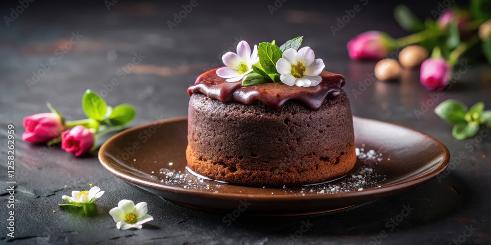 Aufkleber A single serving chocolate cake topped with a delicate layer of chocolate ganache and adorned with white flowers and a sprig of green mint on a brown plate.
