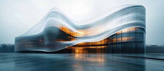 Futuristic building exterior, city, dawn, reflective surface, architectural design