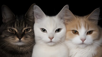 Trio of Feline Friends a Serene Portrait of Three Cats in Close Composition Against Black Backdrop
