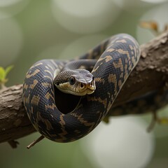 Obraz premium Detailed close-up of a snake coiled elegantly on a textured branch showcasing its intricate patterns and smooth scales ideal for themes of mystery and intrigue