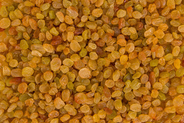 Dried yellow raisins closeup as background. Whole background. Top view.