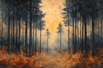 Fototapeta premium Misty forest at dawn with orange foliage and tall trees creating a tranquil natural landscape