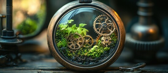 Pocket watch terrarium gears, plants, workshop background, nature concept