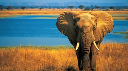 Fototapeta premium Majestic African elephant facing camera near a lake in savanna.