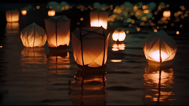 paper lanterns floating in the water