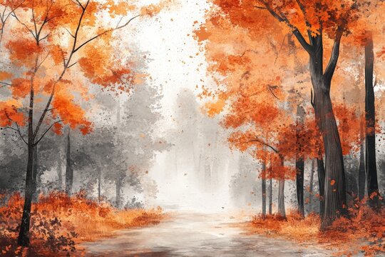 Vibrant autumn foliage along a misty forest pathway inviting tranquil exploration