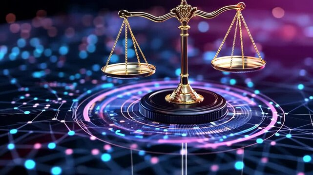 Futuristic justice concept with digital networks and balance scale in government chaos