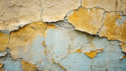 Naklejka premium A weathered wall with cracks and peeling paint reveals the layers of time and neglect beneath