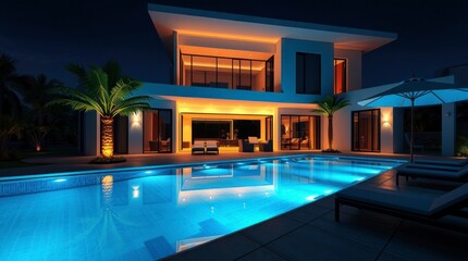 Fototapeta premium Luxury Modern Villa Night Poolside Scene