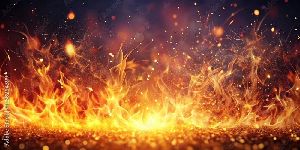 Poster a wall of fire with dancing flames and a bokeh background of orange, yellow, and red light. the flam