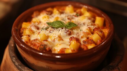 Delicious Baked Pasta Dish with Cheese and Fresh Basil Garnish