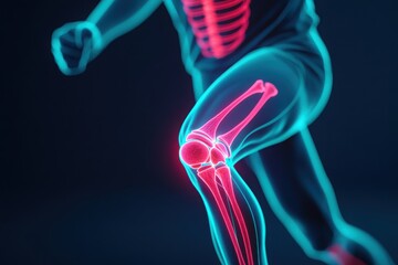 An abstract representation of a runner with highlighted skeletal elements showcasing movement and anatomy in a dynamic pose.