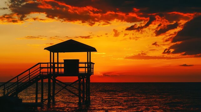 A lifeguard station during sunset, silhouetted against the horizon.