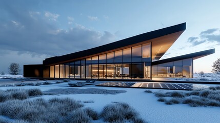 Obraz premium Sustainable innovation center, solar panels and recycled materials, 3D illustration