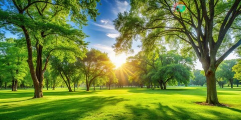 Obraz premium A picturesque scene of a lush green grassy field bathed in the golden rays of the setting sun, with a canopy of trees casting long shadows on the ground.