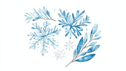 A collection of delicate snowflakes and blue leaves illustrated with watercolor techniques on a white isolated background.