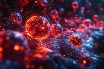 Glowing cells, microscopic view, dark background, science