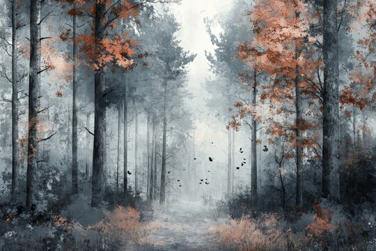 Autumn forest pathway with misty atmosphere and colorful foliage during early morning hours