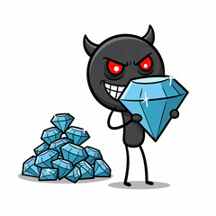 Diabolical little devil meme busy stealing valuable blue diamonds - isolated on white	