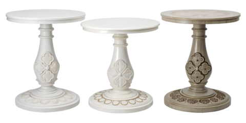 White Pedestal Tables with Clover on Top, Elegant Table Design, Clover Top Table, Decorative Pedestal Table, PNG Transparent