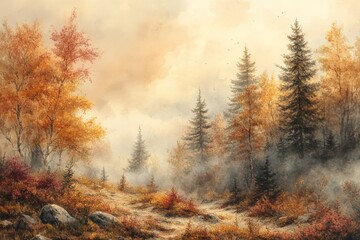 Fototapeta premium Autumn landscape showcasing vibrant trees and soft fog in a serene forest setting during the early morning