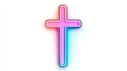 Obraz premium A colorful neon cross design, glowing with pink and blue hues on a white isolated background, representing faith and spirituality.