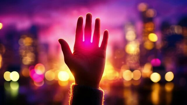 Vibrant poster celebrating human rights with symbolic uplifted hand against illuminated urban backdrop