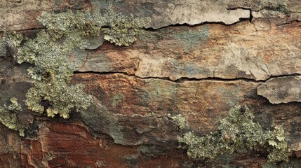 Textured tree bark with lichen, close-up. Nature background