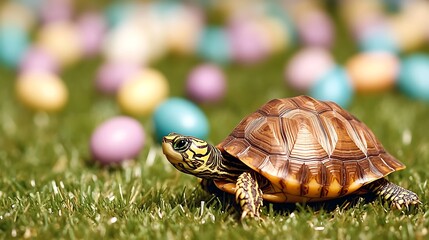 Obraz premium Turtle Amidst Pastel Easter Eggs in Spring Grass A Whimsical Celebration of Nature's Palette